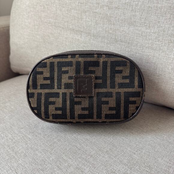 FENDI Zucca Brown Cosmetic Bag Vintage Cloth Leather FF Monogram Mini Pouch - Picture 1 of 6